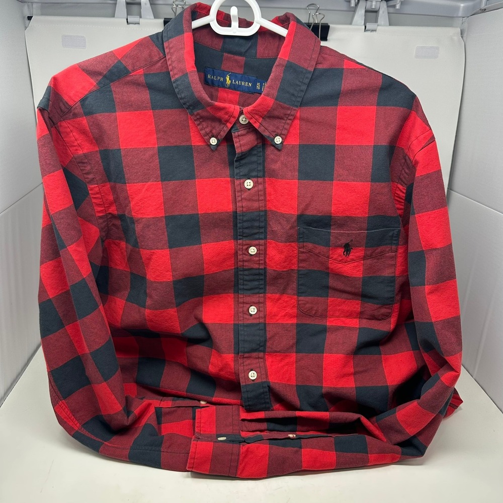 Ralph Lauren Shirt Men XL Red Buffalo Plaid Button Down Pony Logo Cotton L/S